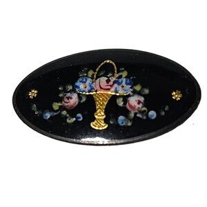 Vintage Hand Painted Floral Basket Oval Brooch Black Enamel Fashion Jewelry